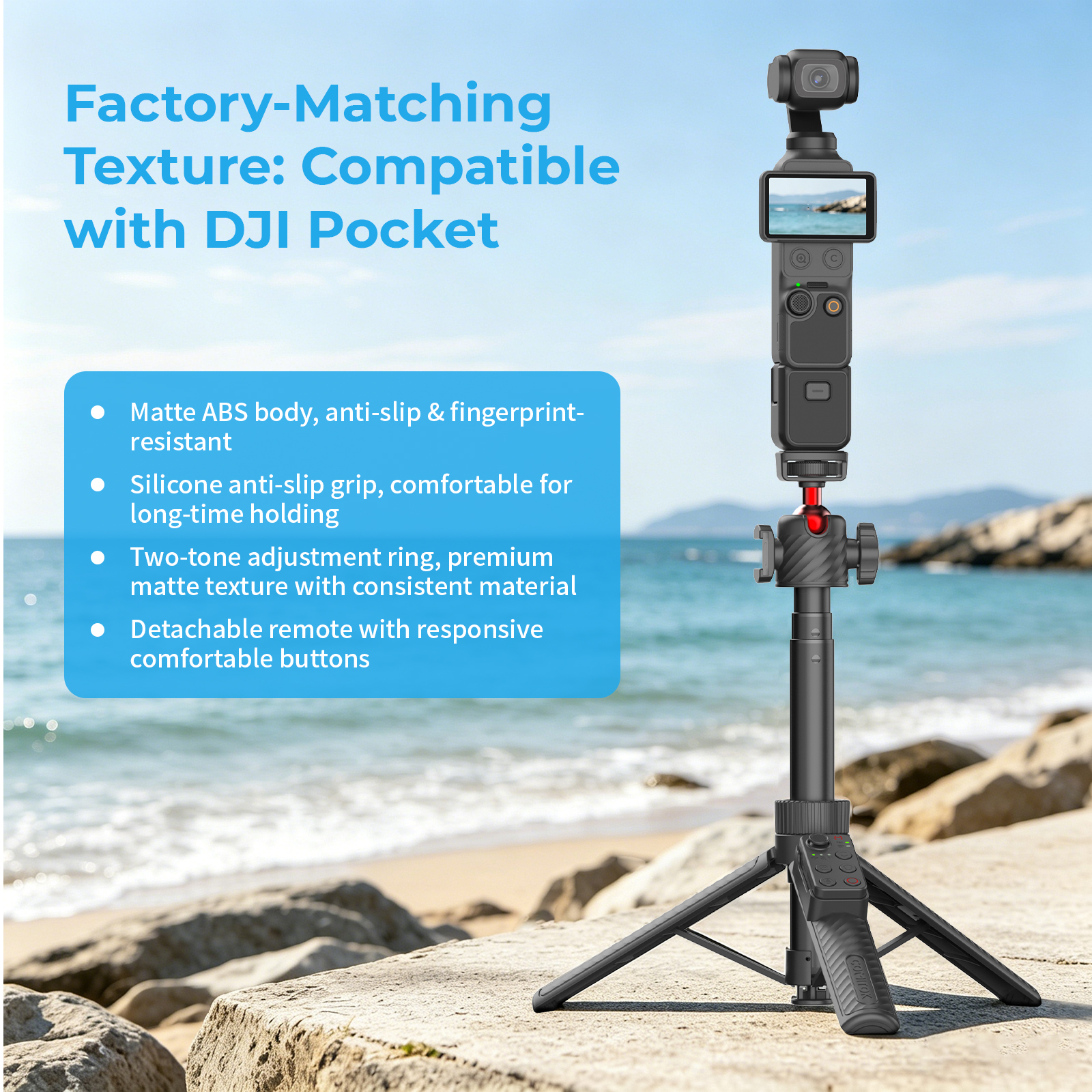 G-OUSSVE Remote-Control Selfie Stick & Tripod for Pocket and Action Cameras, 66cm Extension Pole with Detachable Remote