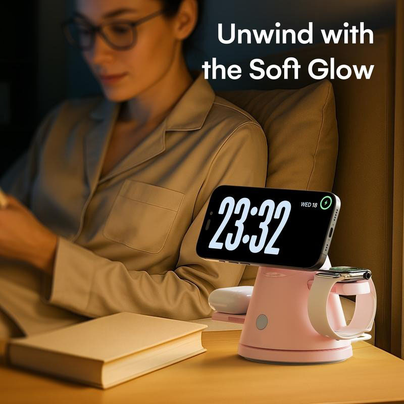 G-OUSSVE 4-in-1 Wireless Charging Station for Apple, 15W Qi2 Mag-safe Charger with Dimmable Light & 360° Rotating Phone Stand, Fast Charger for iPhone 16–12, AirPods, Apple Watch & Samsung Watch