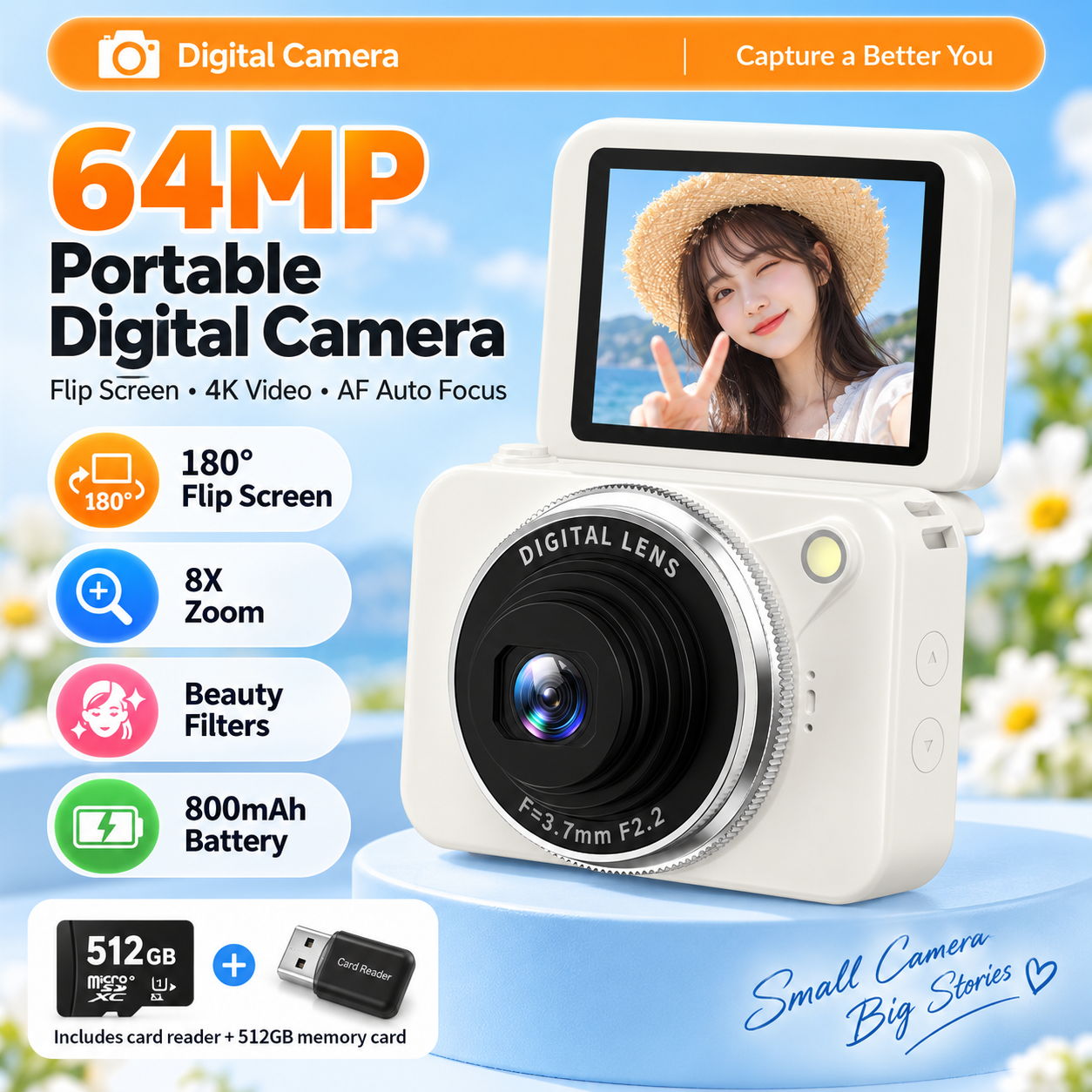 G-OUSSVE 64MP Flip Screen Digital Camera with 512GB Memory Card, 4K Video, Autofocus & Beauty Filters