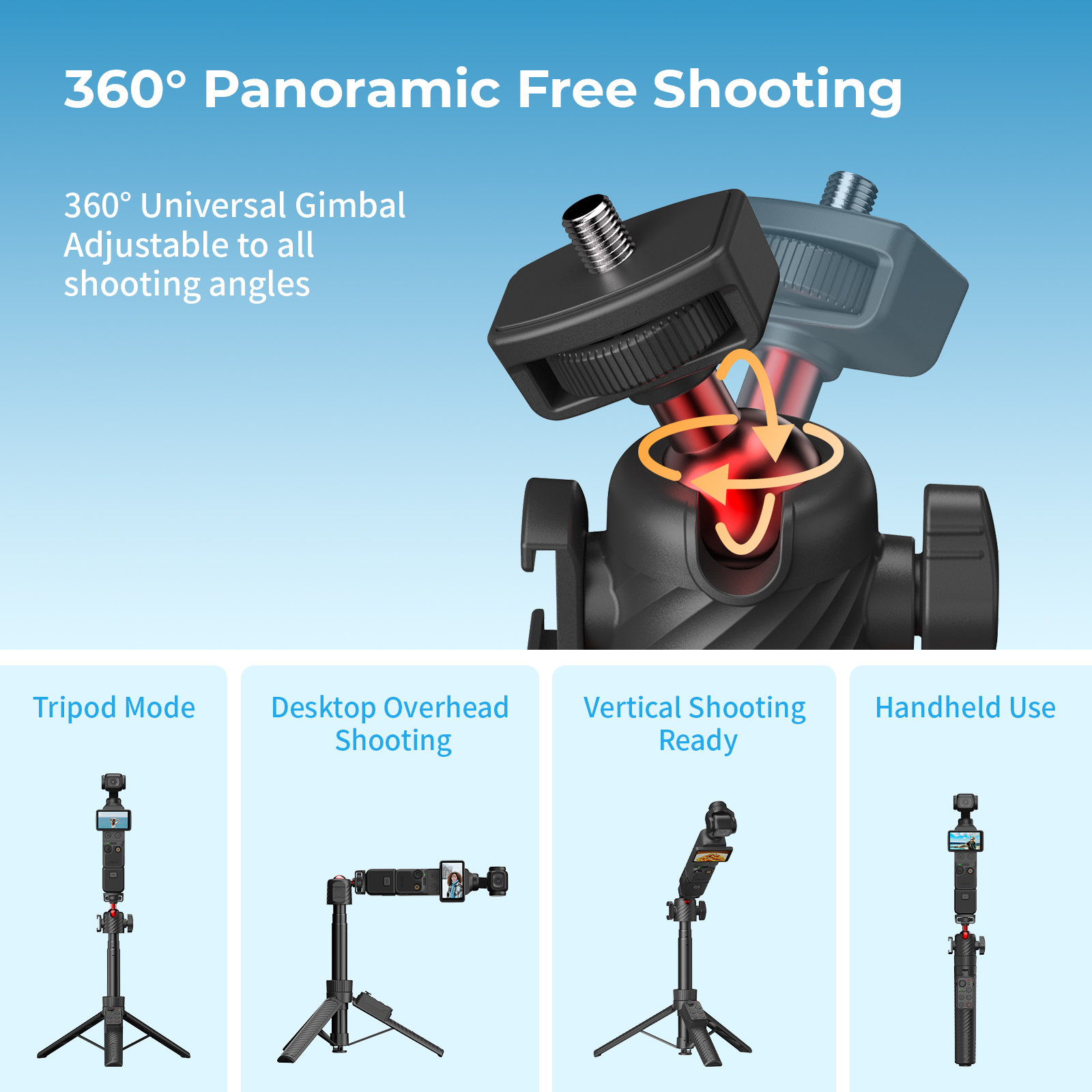 G-OUSSVE Remote-Control Selfie Stick & Tripod for Pocket and Action Cameras, 66cm Extension Pole with Detachable Remote