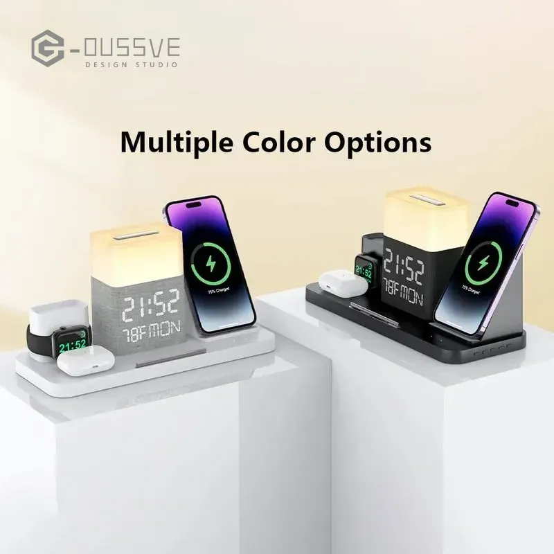 G-OUSSVE｜Wireless Charger iPhone 6 in 1 Charging Station, Charger Stand with Alarm Clock for 15/14/13/12/11 Series & AirPods & Apple Watch