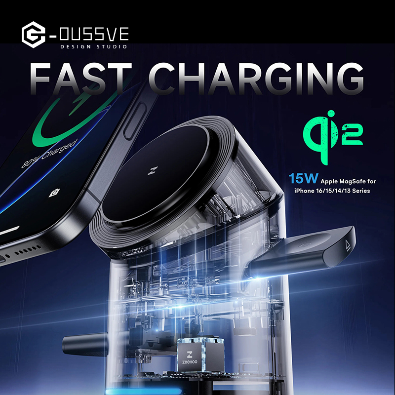 G-OUSSVE｜Cylindrical 3in1 Magnetic Wireless Charging Station with 30W Charger: All-in-One Charger for iPhone 16 Pro 15 14 13 Max/PIus, Samsung S24/S24/S22/S21,Pixel, Apple Watch & Smart Watch,AirPods & Earbuds, 15W Qi2 Fast Charging