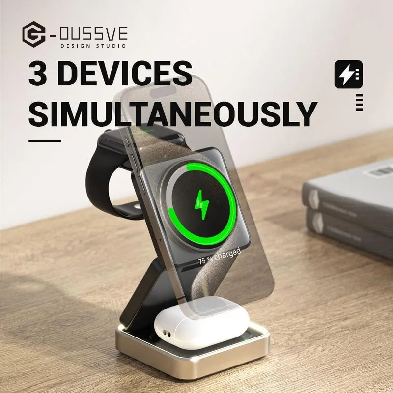 G-OUSSVE | 3 in 1 Magnetic Phone Charger Stand, 3 in 1 Foldable Fast Charging Micro Station, Travel Charger Set for Multiple Devices for iPhone 16 15 14 13 12 Series Foldable Universal smartphone charge wireless