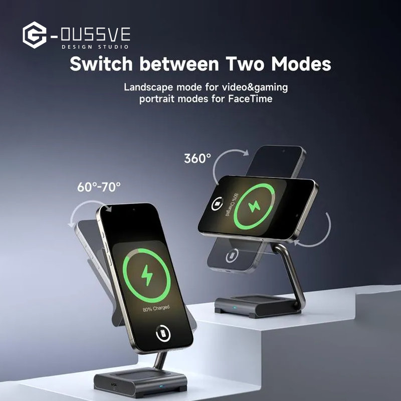 G-OUSSVE |  Magsafe Magnetic Wireless Charger Qi Folding Stand Suitable for Apple 16 iPhone 15 Pro 2-in-1 Expansion Phone Earphones Watch 3-in-1 27W Fast Charging Base Portable