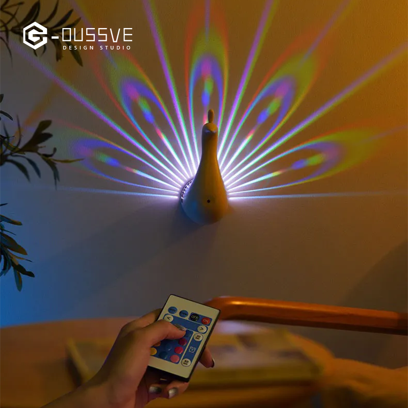 G-OUSSVE | Peacock Lamp, Peacock Wall Light, 7 Color Ambient Projection Lamp with Remote Control, USB Charging Rainbow Peacock Nightlight, LED Wall Table Decor for Home Living Room Office 