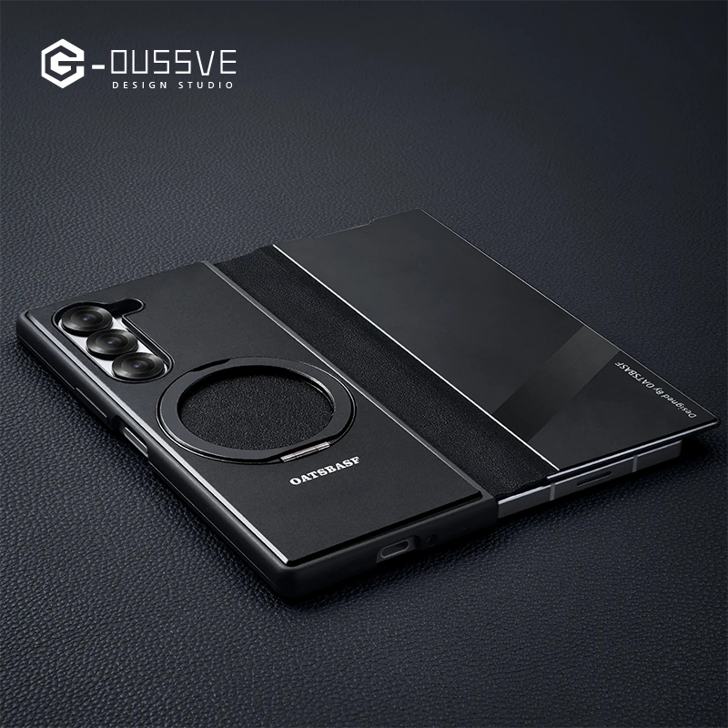 G-OUSSVE|Genuine leather metal flip phone case for Samsung Z Fold6/Fold5. Full coverage with magnetic closure and built-in stand. Premium, ultra-slim design for foldable phones – stylish and protective.