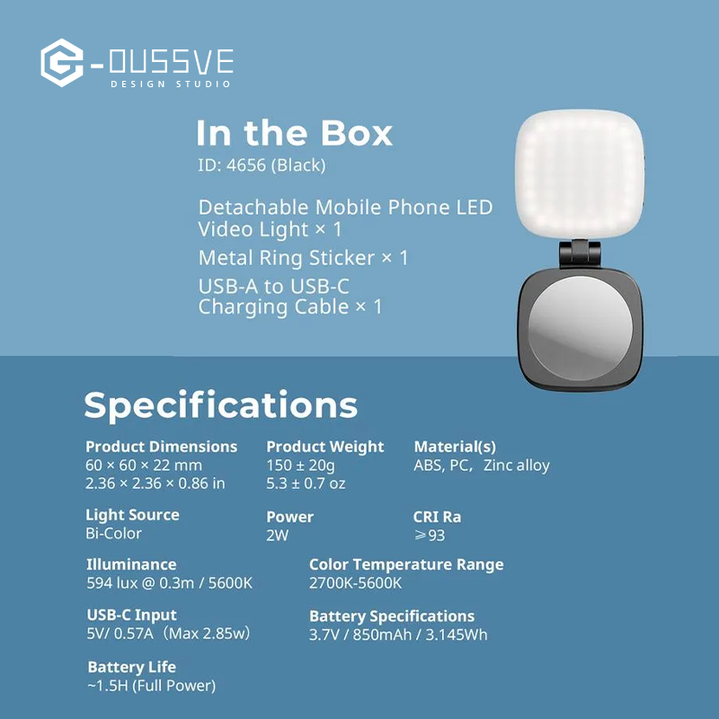 G-OUSSVE|Magnetic Selfie Light for iPhone, Phone Light with a Mirror, Instant Attachment for MagSafe, for Selfies, Video Conference, Vibe P48 Black/White 4656/4933 Convenient Vlogging kit