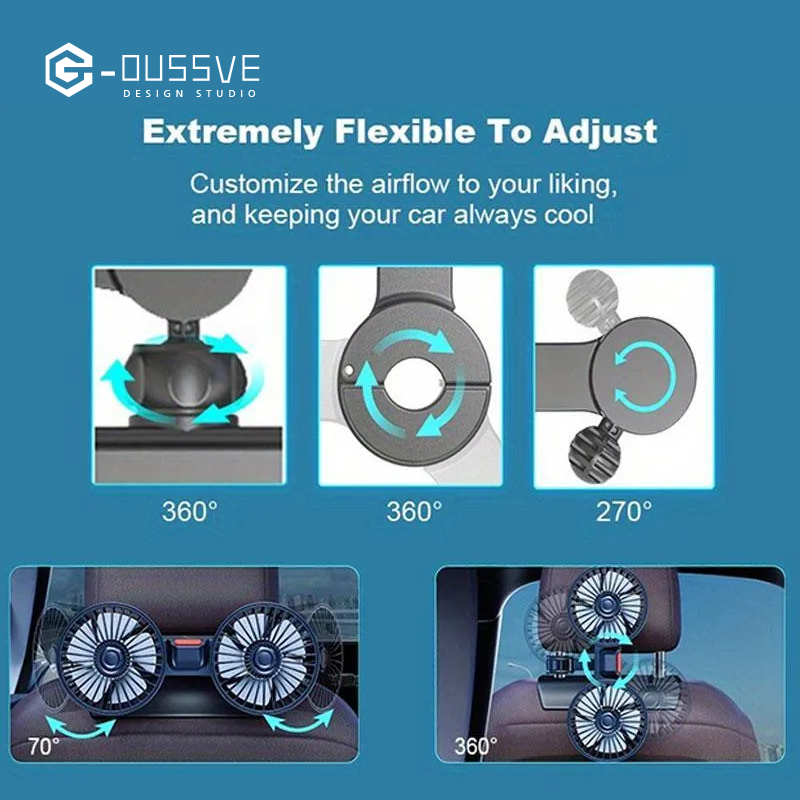 G-OUSSVE | Mother's Day Gift, Adjustable Car Backseat Fan, 1 Count Summer Essential Double-head Electric Fan with Seat Clip, Strong Wind Rear Seat Back 360 Degrees Rotation Large Air Volume Fan, Men Gifts