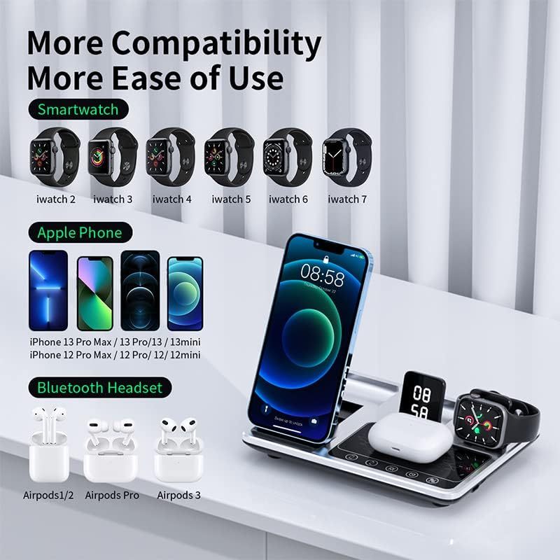 4 in 1 Foldable Wireless Fast Charging Station-Compact For Travel - Alarm Clock Night Light -Compatible iPhone 14/13/12/11Pro/SE/XS MAX/XR/XS/X/8 Plus-Apple Watch Series 7/6/SE/5/4/3/2 AirPods 2 3 Pro