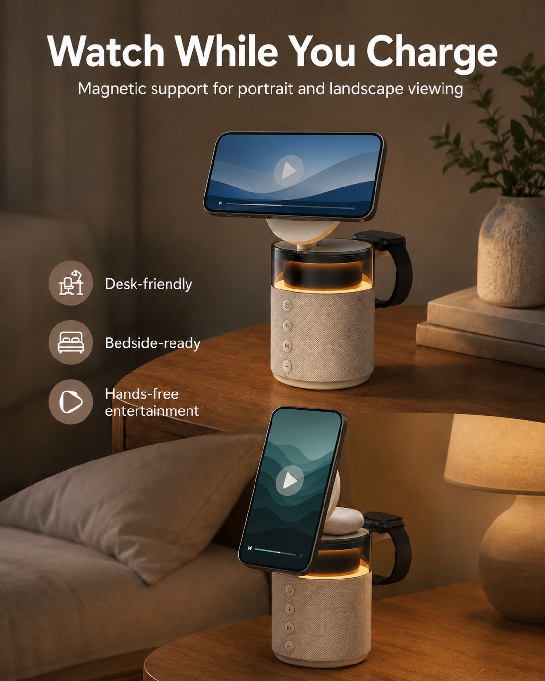 G-OUSSVE 3-in-1 Magnetic Wireless Charging Speaker, Bluetooth Speaker, 15W iPhone Charger, Warm Night Light & Device Stand