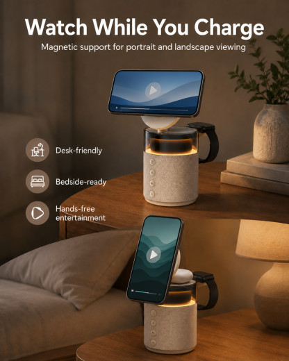 G-OUSSVE 3-in-1 Magnetic Wireless Charging Speaker, Bluetooth Speaker, 15W iPhone Charger, Warm Night Light & Device Stand
