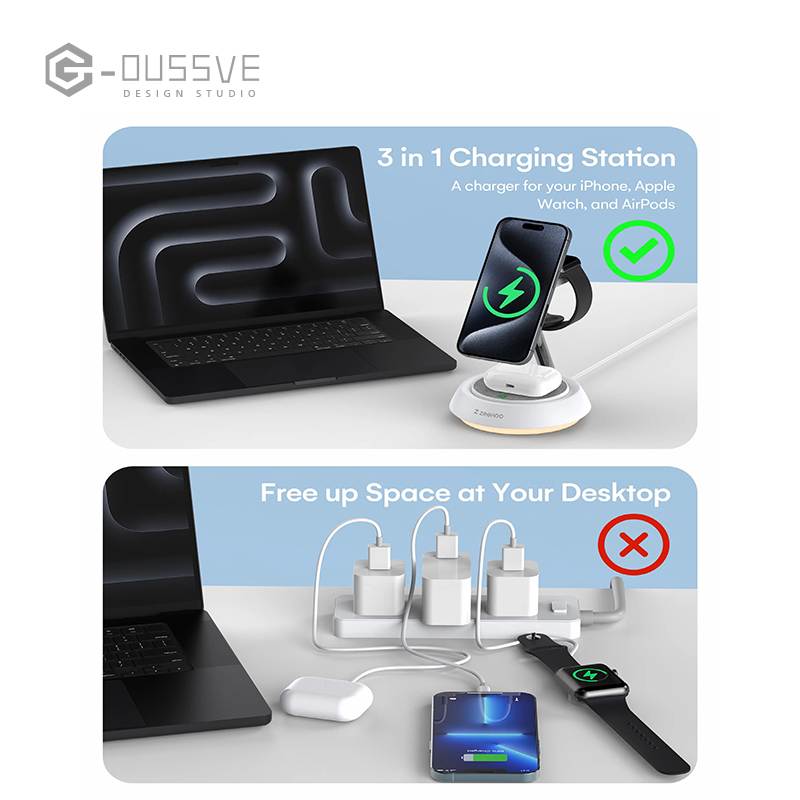 G-OUSSVE｜3 in 1 Wireless Charging Station, Wireless Charger Stand with Night Light, Fast Charging for iPhone 15 Pro 14 13 12 Max/Mini/Plus, for Apple Watch & AirPods &Earbuds,Portable Wireless Charger for Apple Series,Cellphone & Smartphpne Charger