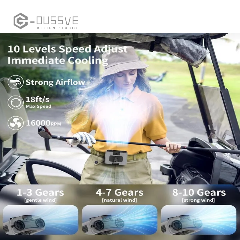 G-OUSSVE｜Rechargeable Waist Fan, 1 Count Strong Airflow Mini Wearable Belt Fan, 10 Speed Portable Neck Fan for Outdoor, Camping