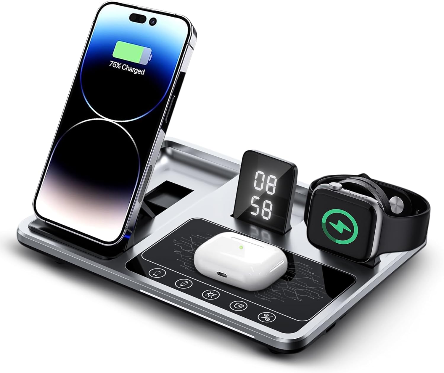 4 in 1 Foldable Wireless Fast Charging Station-Compact For Travel - Alarm Clock Night Light -Compatible iPhone 14/13/12/11Pro/SE/XS MAX/XR/XS/X/8 Plus-Apple Watch Series 7/6/SE/5/4/3/2 AirPods 2 3 Pro