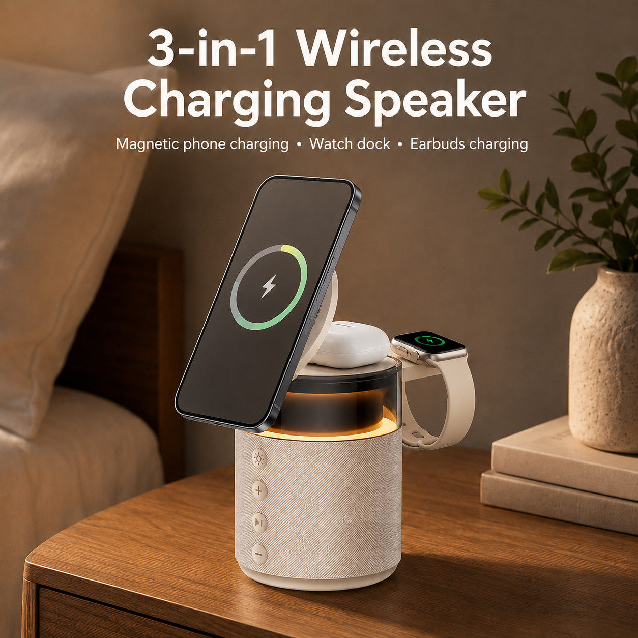 G-OUSSVE 3-in-1 Magnetic Wireless Charging Speaker, Bluetooth Speaker, 15W iPhone Charger, Warm Night Light & Device Stand