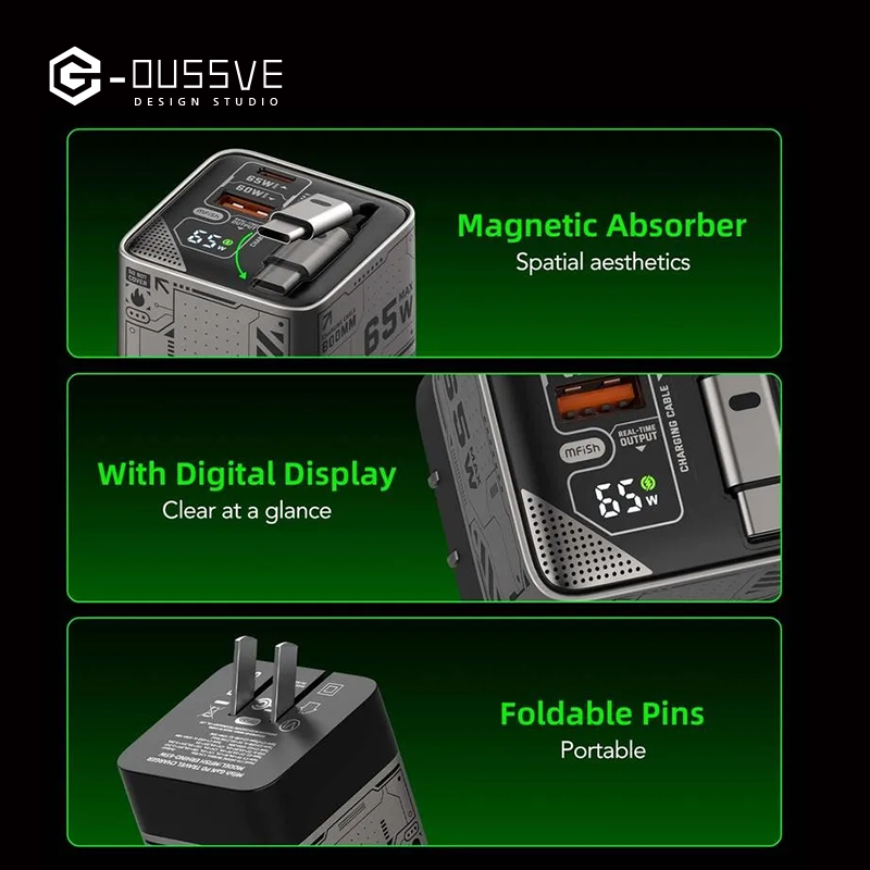 G-OUSSVE｜65W Charger Block with Retractable Type C Cable and Dual Port Travel Charger Fast  Charging for MacBook,iPhone 15/16,Galaxy Smartphone Portable