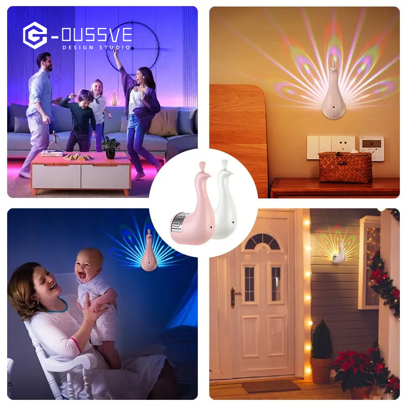G-OUSSVE | Peacock Lamp, Peacock Wall Light, 7 Color Ambient Projection Lamp with Remote Control, USB Charging Rainbow Peacock Nightlight, LED Wall Table Decor for Home Living Room Office 