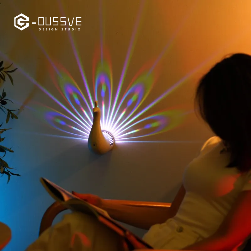 G-OUSSVE | Peacock Lamp, Peacock Wall Light, 7 Color Ambient Projection Lamp with Remote Control, USB Charging Rainbow Peacock Nightlight, LED Wall Table Decor for Home Living Room Office 