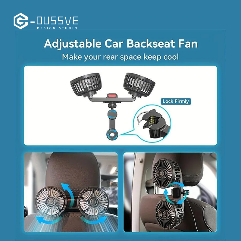 G-OUSSVE | Mother's Day Gift, Adjustable Car Backseat Fan, 1 Count Summer Essential Double-head Electric Fan with Seat Clip, Strong Wind Rear Seat Back 360 Degrees Rotation Large Air Volume Fan, Men Gifts