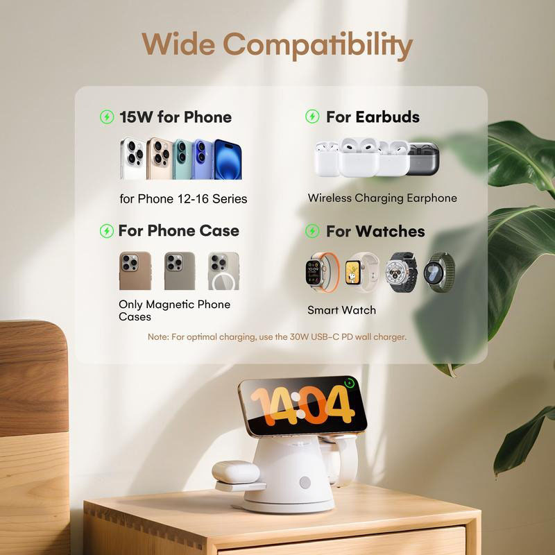 G-OUSSVE 4-in-1 Wireless Charging Station for Apple, 15W Qi2 Mag-safe Charger with Dimmable Light & 360° Rotating Phone Stand, Fast Charger for iPhone 16–12, AirPods, Apple Watch & Samsung Watch