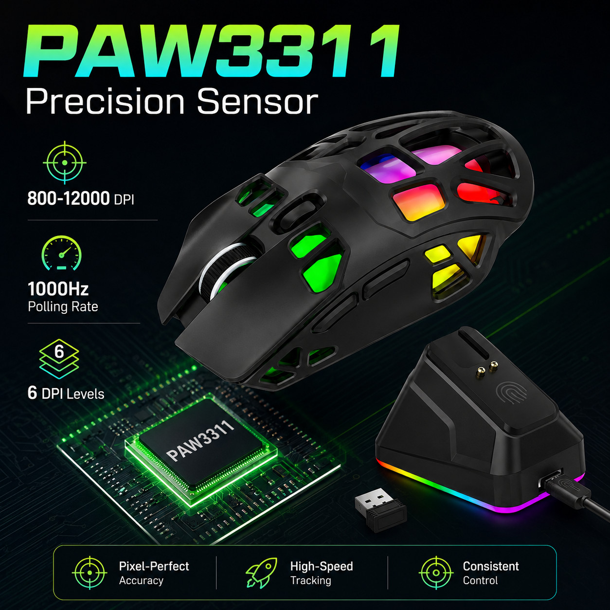 G-OUSSVE X9 Pro RGB Wireless Gaming Mouse with PAW3311 Sensor, Tri-Mode Connection, Charging Dock & Anti-Slip Grips