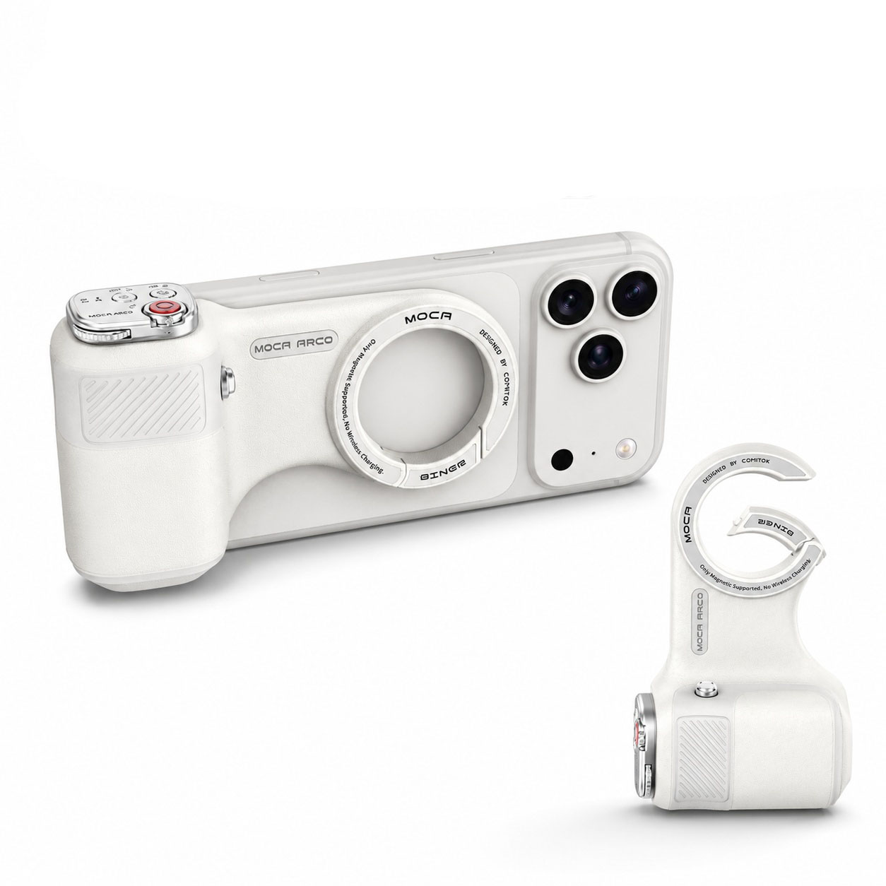 G-OUSSVE Camera Grip for iPhone, Carabiner-Shaped Grip, MagSafe-Compatible Magnetic Phone Grip with Detachable Bluetooth Remote, Type-C Charging, 20m Remote Range
