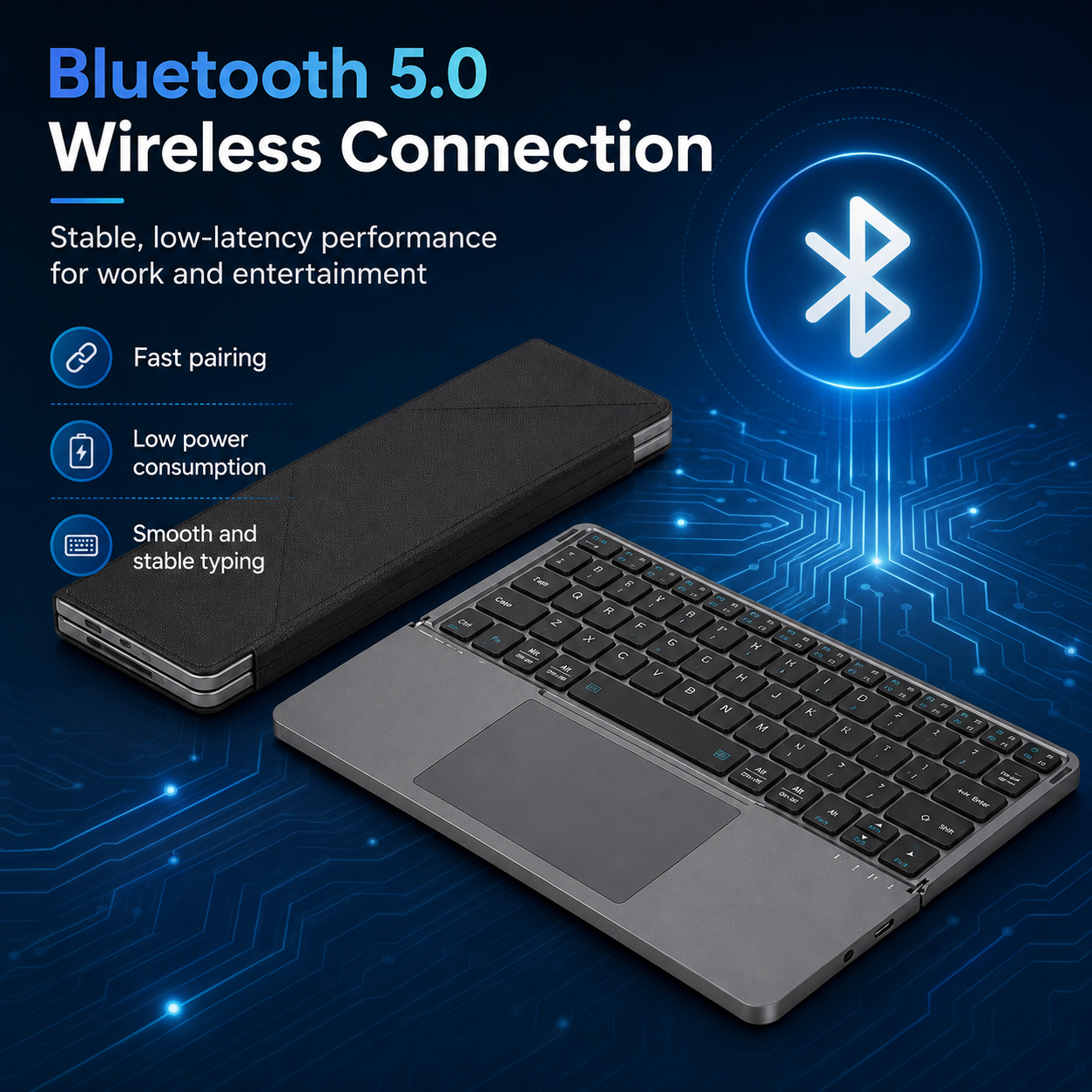 G-OUSSVE Portable Wireless BT Foldable Keyboard New Detachable Leather Stand for Tablet Phone Touch Typing Mini Keyboard with Ergonomic Design , External Keyboard, Ergonomic Keyboard Pad 