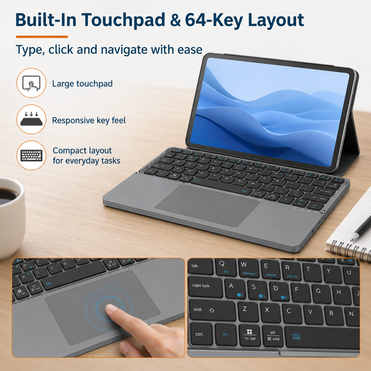 G-OUSSVE Portable Wireless BT Foldable Keyboard New Detachable Leather Stand for Tablet Phone Touch Typing Mini Keyboard with Ergonomic Design , External Keyboard, Ergonomic Keyboard Pad 