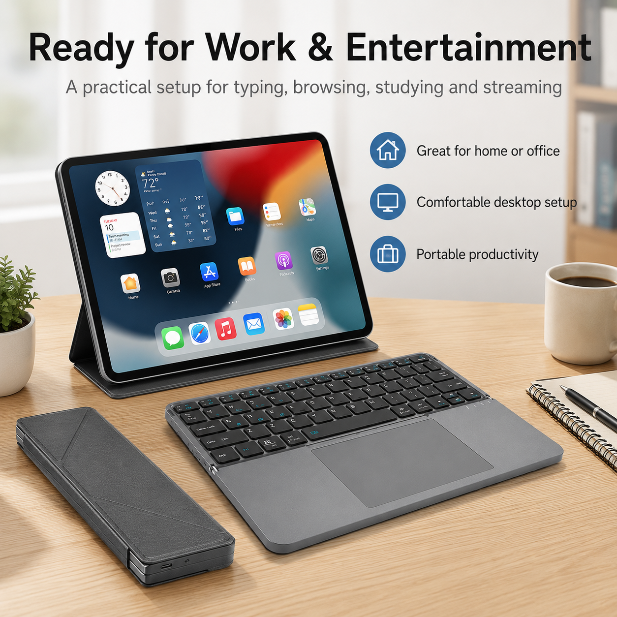 G-OUSSVE Portable Wireless BT Foldable Keyboard New Detachable Leather Stand for Tablet Phone Touch Typing Mini Keyboard with Ergonomic Design , External Keyboard, Ergonomic Keyboard Pad 