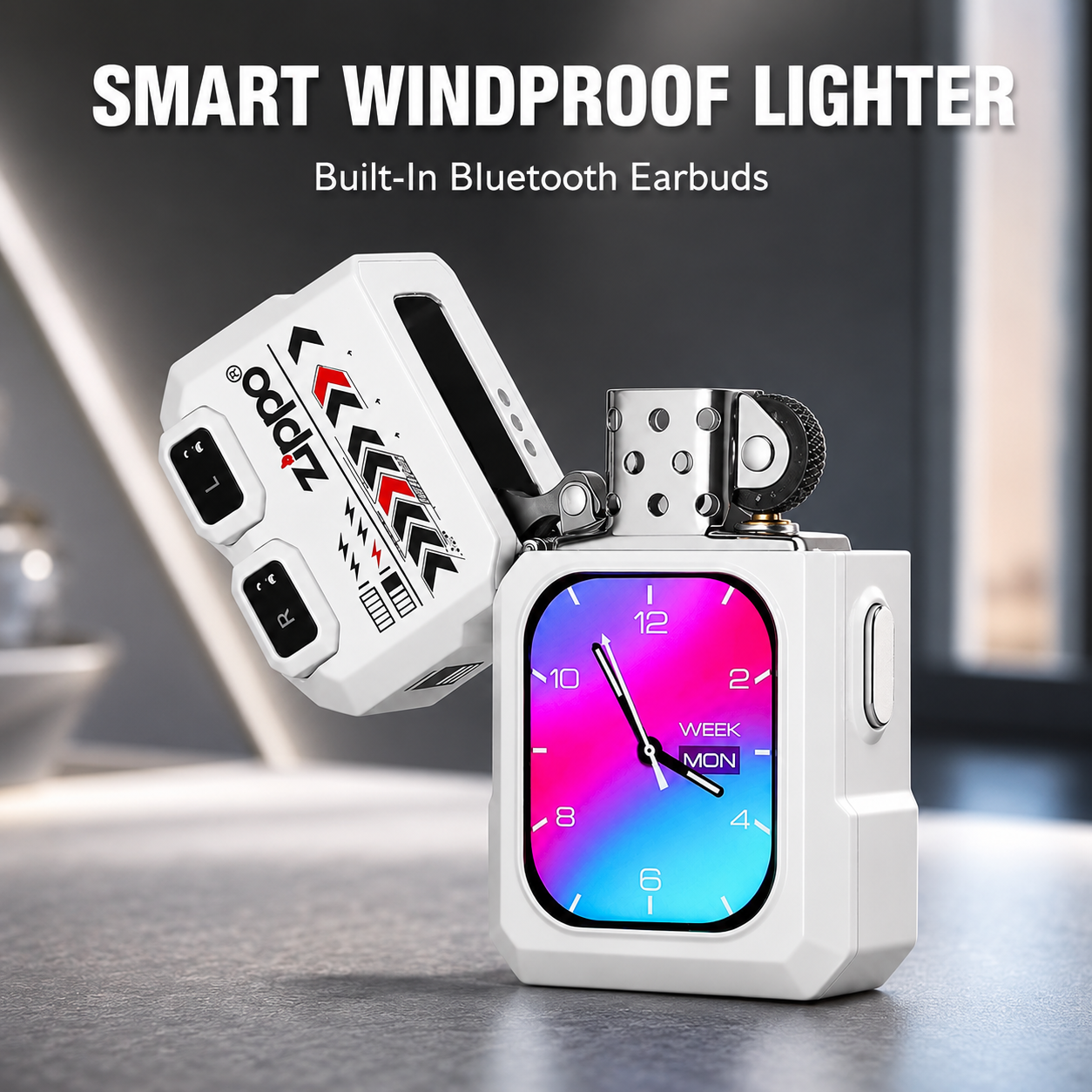 G-OUSSVE ZIPPO Smart Windproof Lighter with Bluetooth Earbuds & Touch Display – White