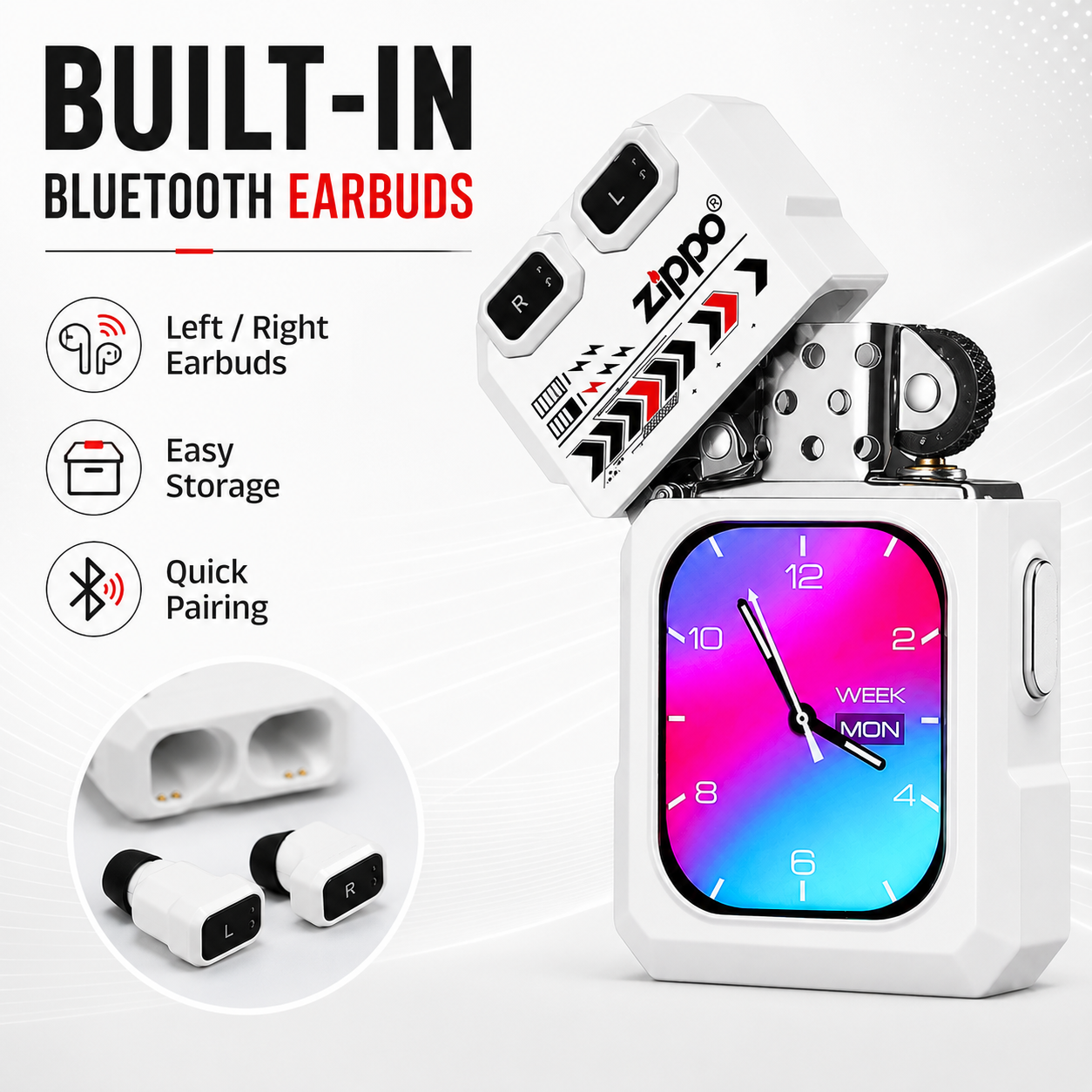 G-OUSSVE ZIPPO Smart Windproof Lighter with Bluetooth Earbuds & Touch Display – White