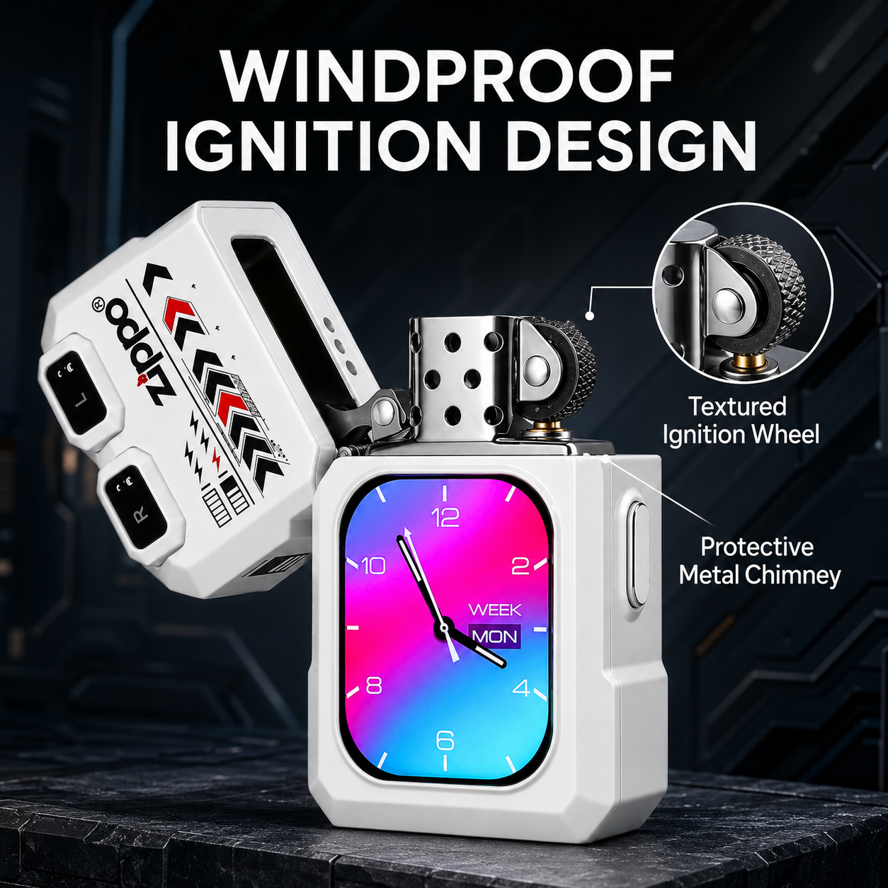 G-OUSSVE ZIPPO Smart Windproof Lighter with Bluetooth Earbuds & Touch Display – White