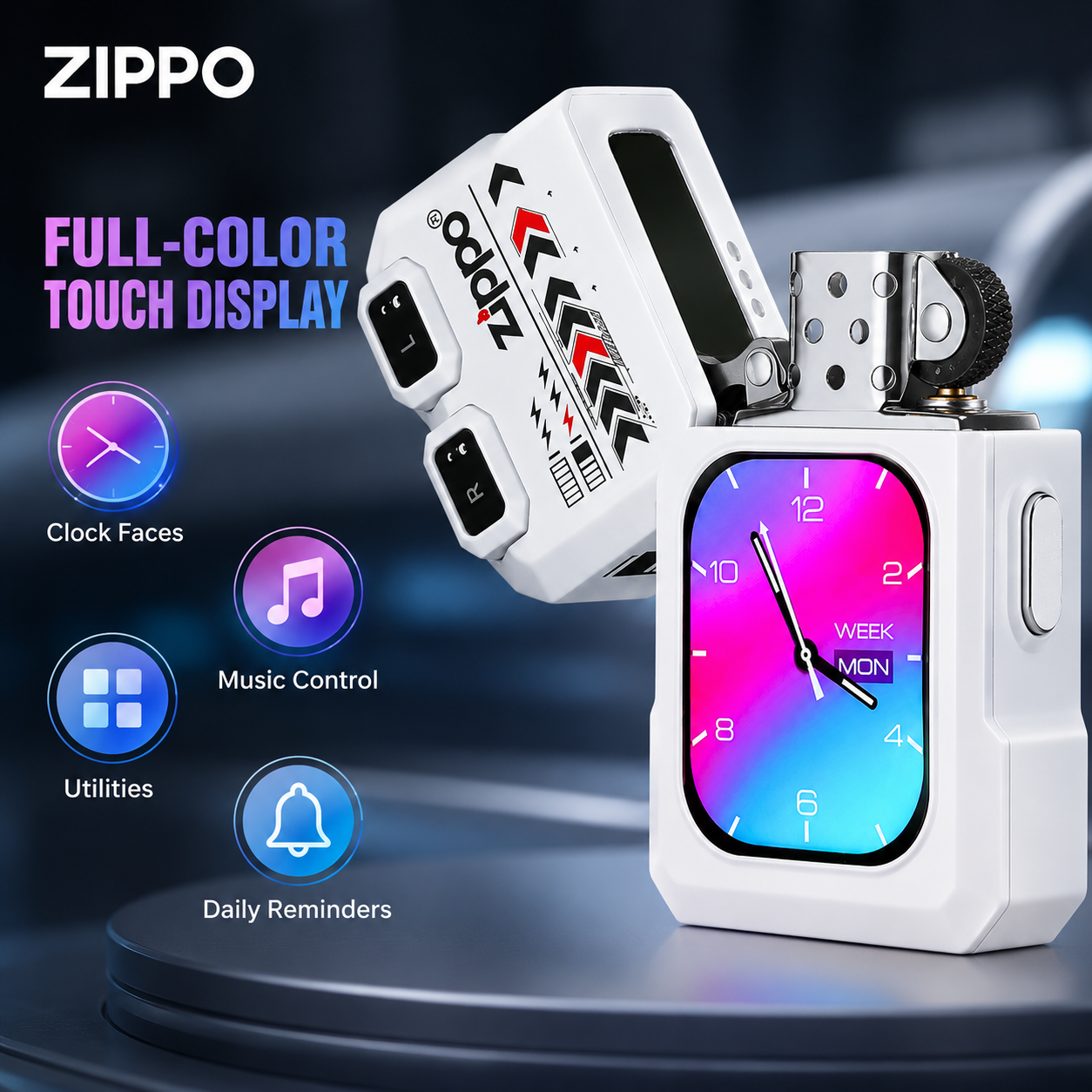 G-OUSSVE ZIPPO Smart Windproof Lighter with Bluetooth Earbuds & Touch Display – White