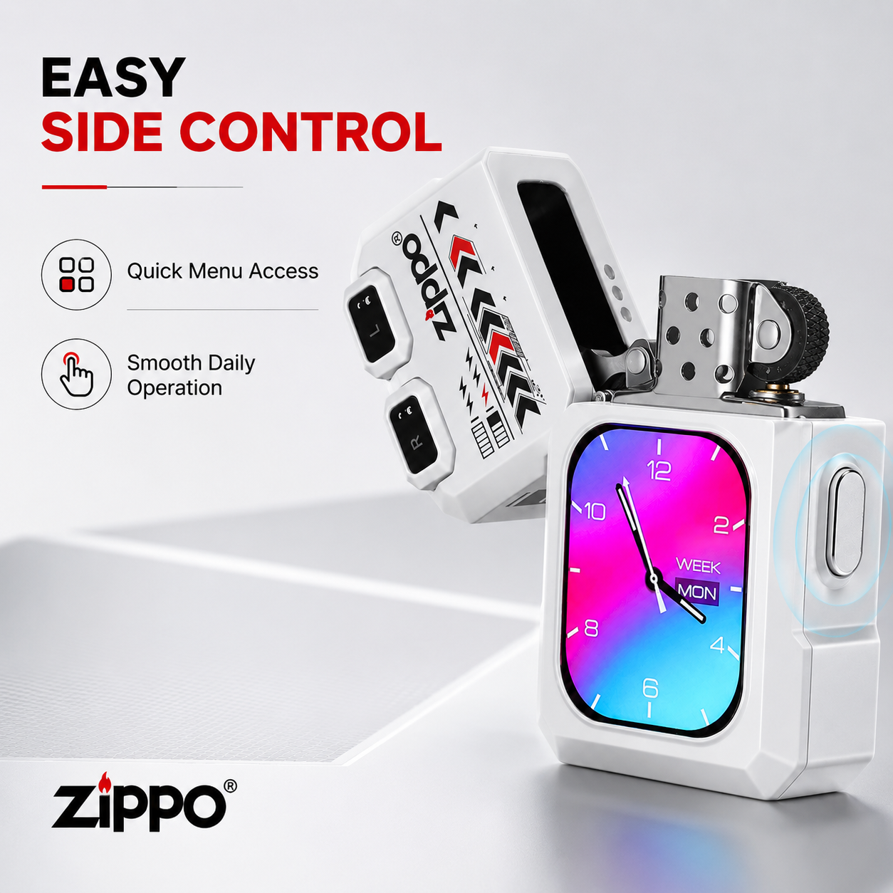G-OUSSVE ZIPPO Smart Windproof Lighter with Bluetooth Earbuds & Touch Display – White