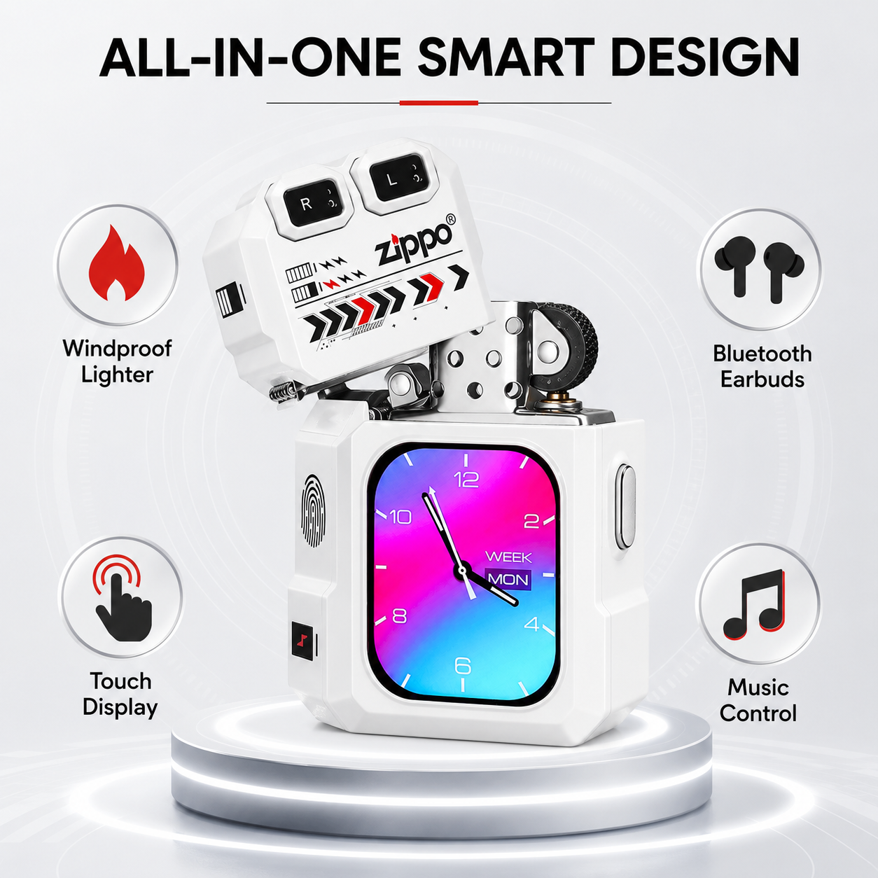 G-OUSSVE ZIPPO Smart Windproof Lighter with Bluetooth Earbuds & Touch Display – White