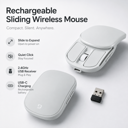 G-OUSSVE Rechargeable Sliding Wireless Mouse – Compact Portable Mouse with Silent Clicks, USB-C Charging & 2.4GHz Wireless