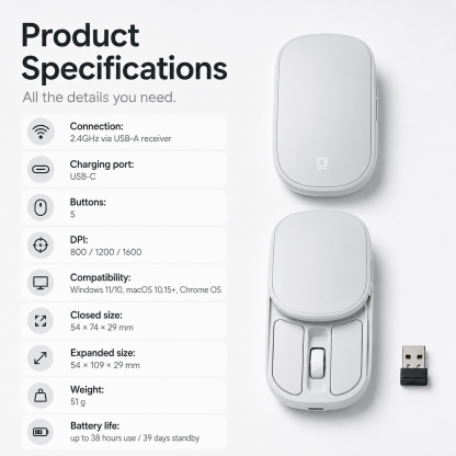 G-OUSSVE Rechargeable Sliding Wireless Mouse – Compact Portable Mouse with Silent Clicks, USB-C Charging & 2.4GHz Wireless