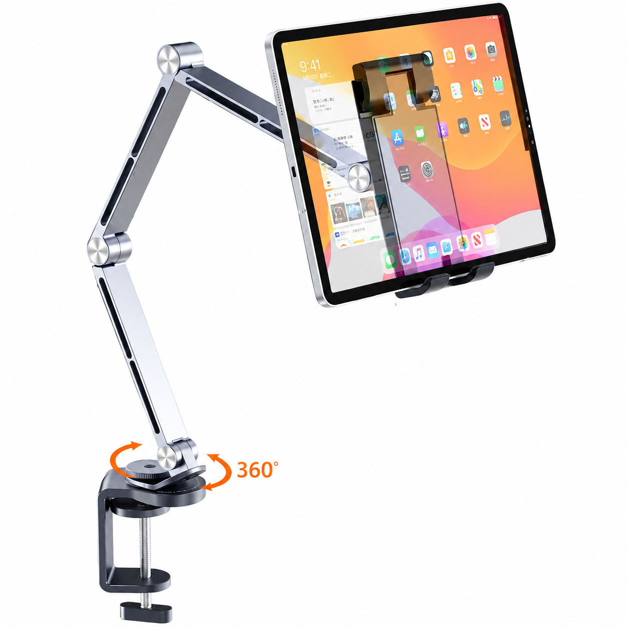G-OUSSVE | Tablet Stand for iPad, Adjustable Aluminum Phone Holder with Magnetic Head & Plastic Clamp, 360° Rotation Bed Mount Compatible with 4-13" Devices