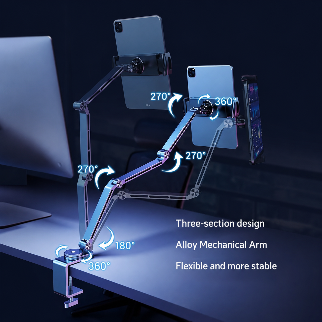 G-OUSSVE | Tablet Stand for iPad, Adjustable Aluminum Phone Holder with Magnetic Head & Plastic Clamp, 360° Rotation Bed Mount Compatible with 4-13" Devices
