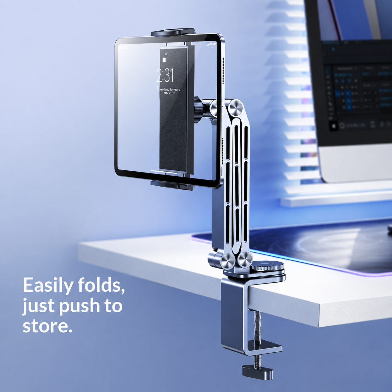 G-OUSSVE | Tablet Stand for iPad, Adjustable Aluminum Phone Holder with Magnetic Head & Plastic Clamp, 360° Rotation Bed Mount Compatible with 4-13" Devices