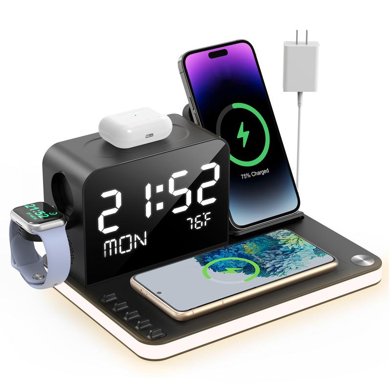 G-OUSSVE｜010 Wireless Charging Station 7 in 1with Digital Clock Bluetooth TimeSync,TouchNight Lamp,Temperature Auto-Adjustment 3owAdapter Compatible with iPhone 15/14/13/12/11All Series & AirPods & iWatch