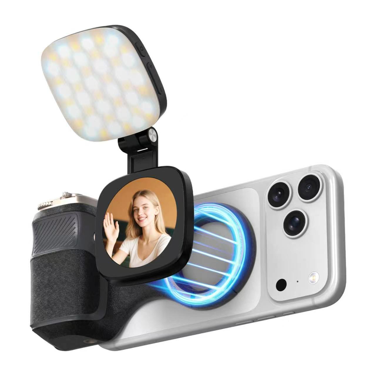 G-OUSSVE Camera Grip for iPhone, Carabiner-Shaped Grip, MagSafe-Compatible Magnetic Phone Grip with Detachable Bluetooth Remote, Type-C Charging, 20m Remote Range