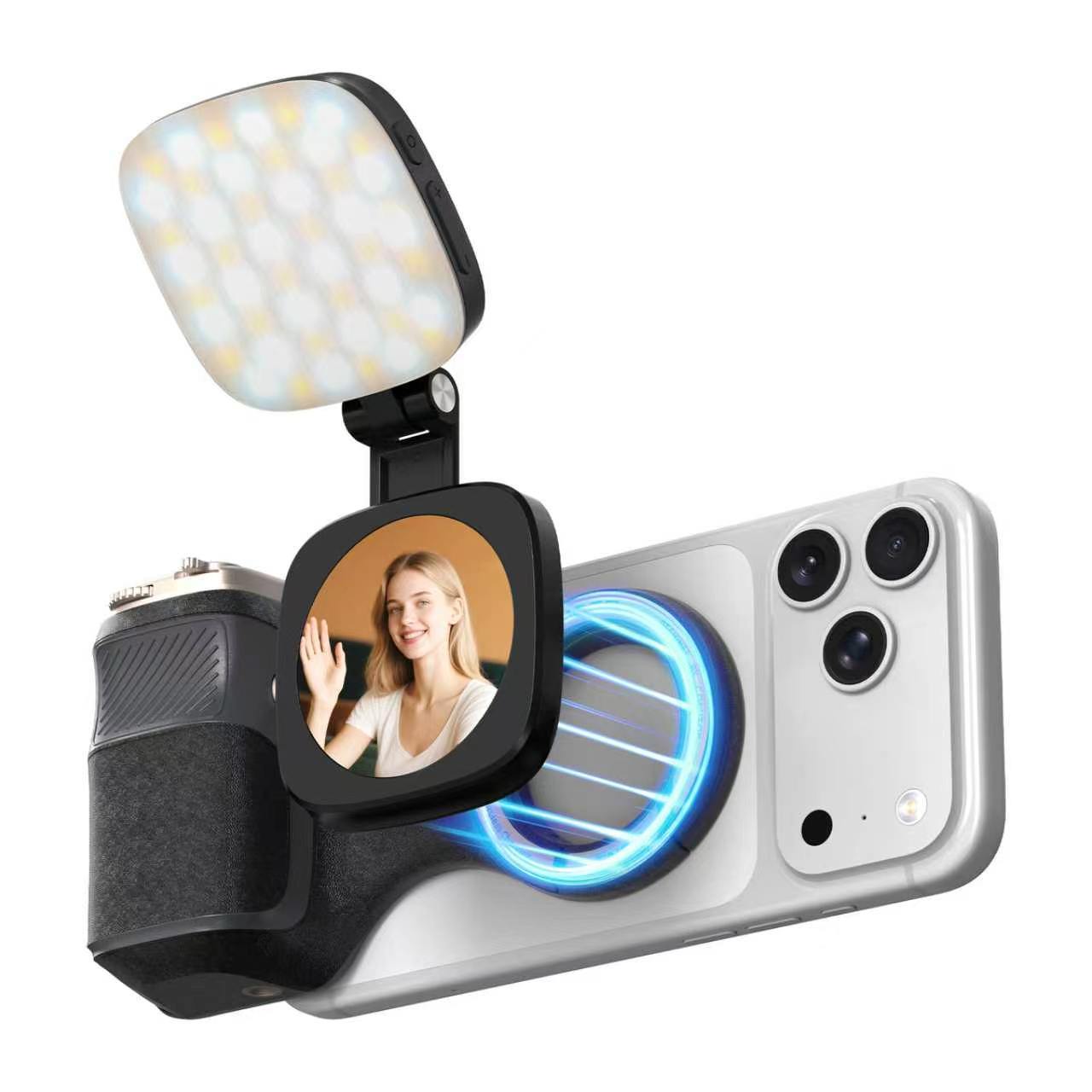 G-OUSSVE Camera Grip for iPhone, Carabiner-Shaped Grip, MagSafe-Compatible Magnetic Phone Grip with Detachable Bluetooth Remote, Type-C Charging, 20m Remote Range