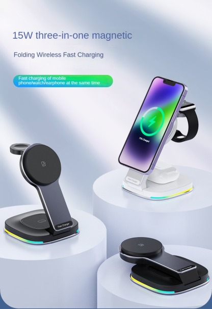 G-OUSSVE｜Magsafe three-in-one wireless charger bracket is suitable for Apple 15 magnetic fast charging apple watch watch metal iPhone 14 charging stand folding portable airpods headphones