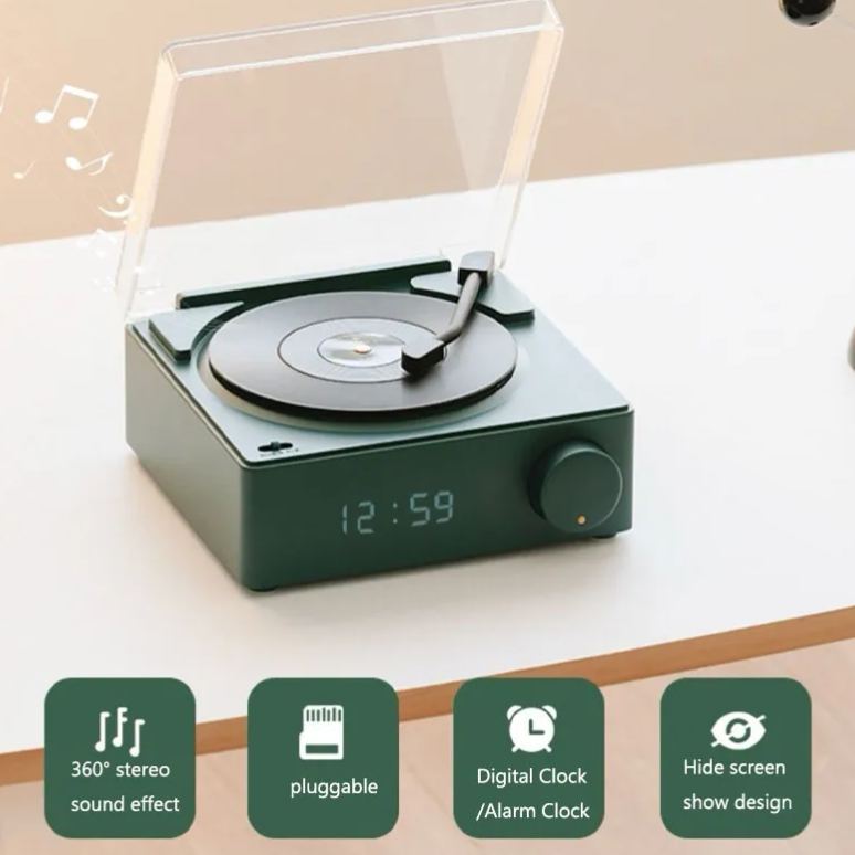 Bluetooth speaker alarm clock wireless small audio subwoofer birthday gift Valentine's Day gift retro vinyl record player