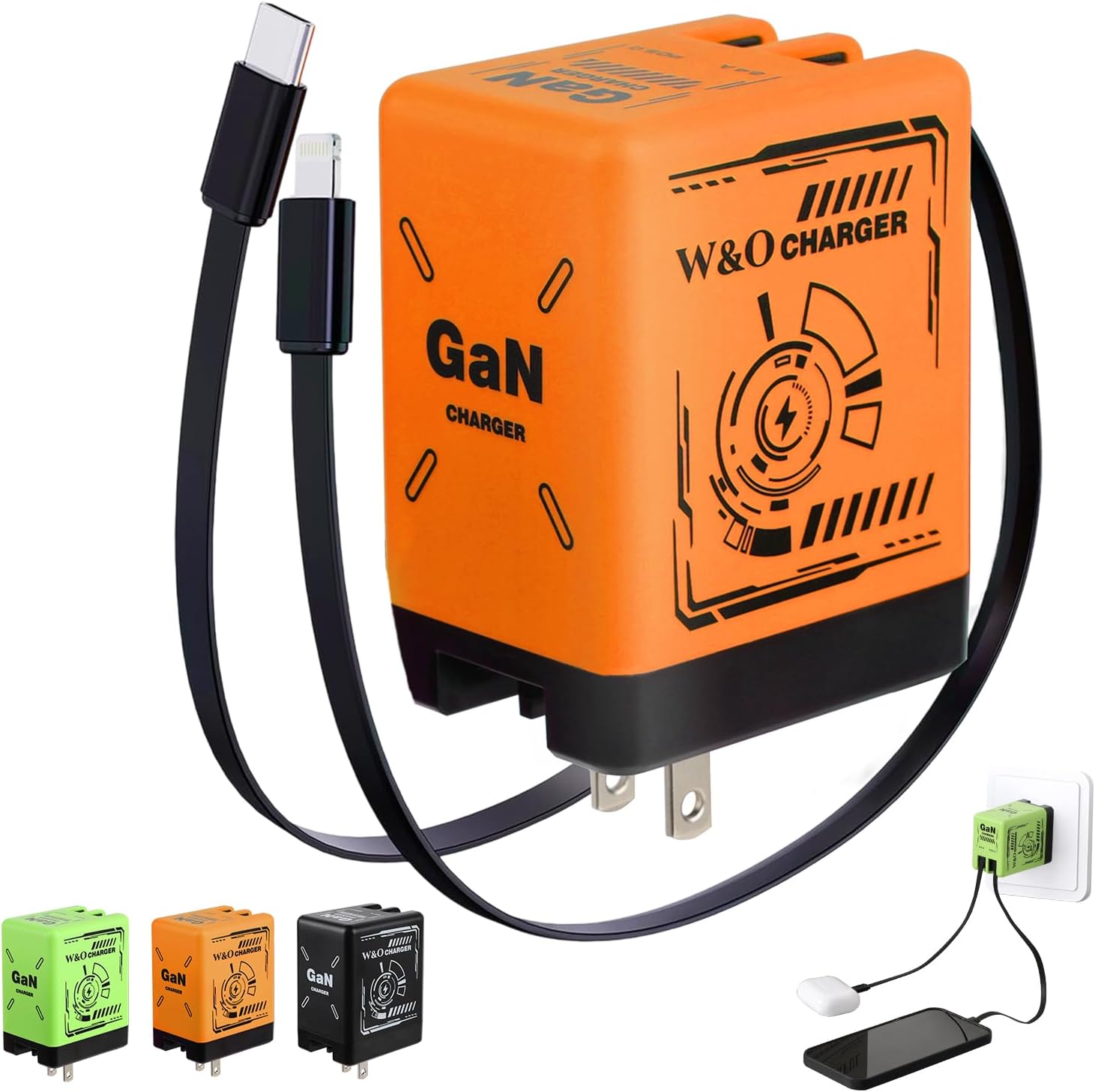 G-OUSSVE Smart Charger, 2 in 1 W&O 120w Fast Charger, Retractable Wall Fast Charger, Portable Charger with All in 1 Foldable Plug, Fast Charging Power Adapter for Smartphones