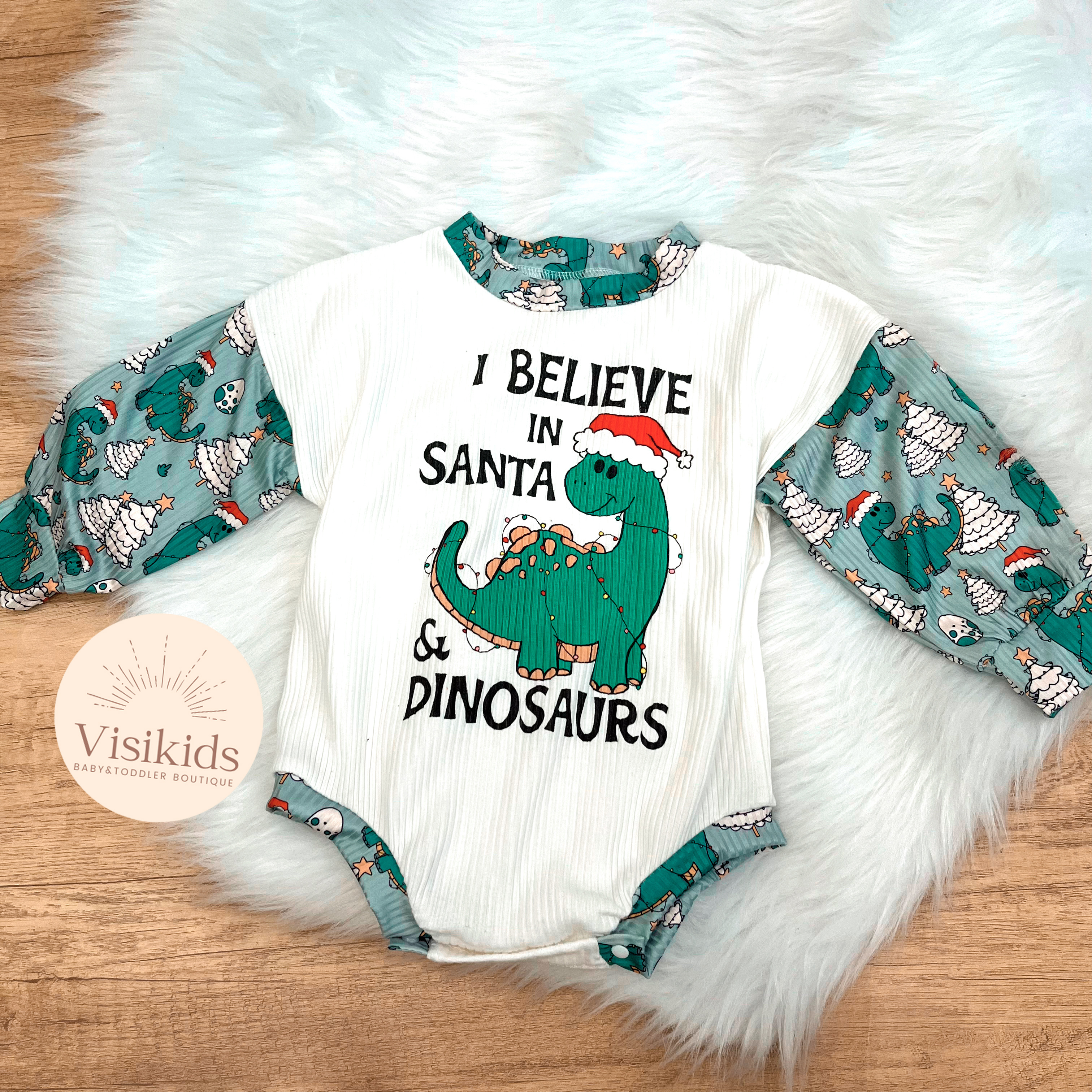 Baby I Believe In Santa&Dinosaur Romper