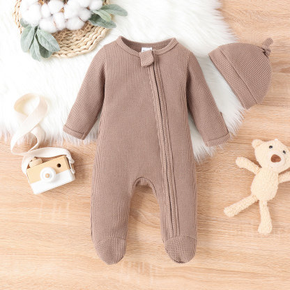 Newborn Waffle Jumpsuit With Hat