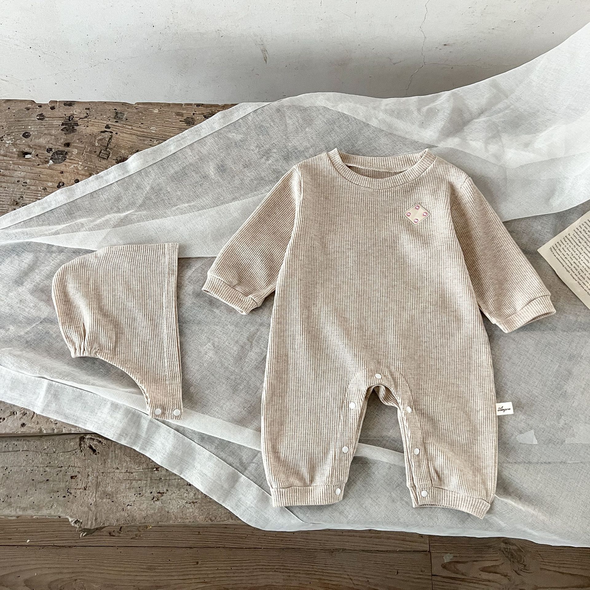 Baby Neutral Waffle Jumpsuit With Hat