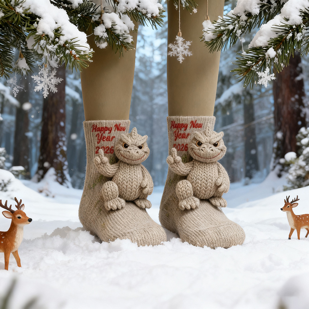 Godzilla Happy New Year 2026 Crochet Socks